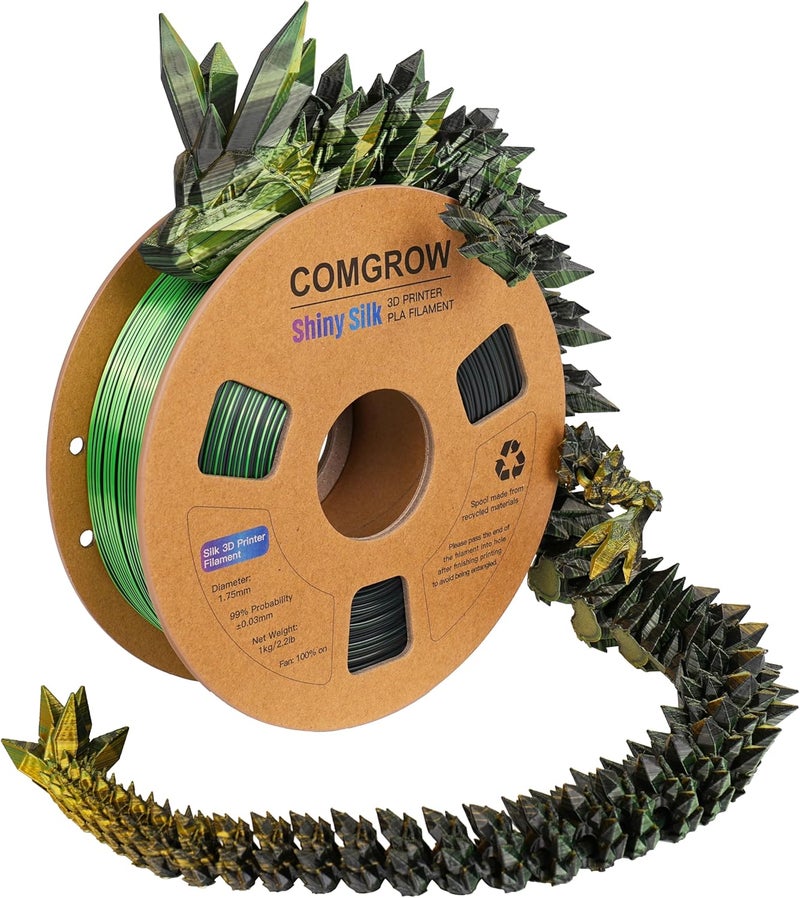 Tri-Colors Silk PLA 3D Printer Filament, Rainbow PLA Filament 1.75mm, Dimensional Accuracy +/- 0.02 mm, 1KG Spool, Coextrusion 3D Filament with Shiny Silk Golden-Green-Black